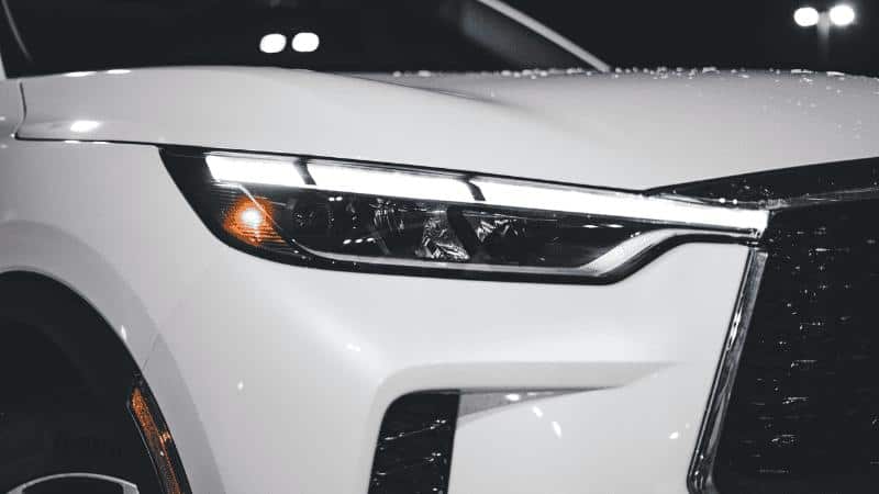 Close-up of modern car white LED DRL headlight.