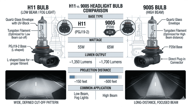 A professional automotive lighting comparison diagram showing an H11 headlight bulb and a 9005 headlight bulb side by side. 