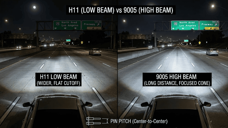 Night driving scene comparing H11 low beam vs 9005 high beam.