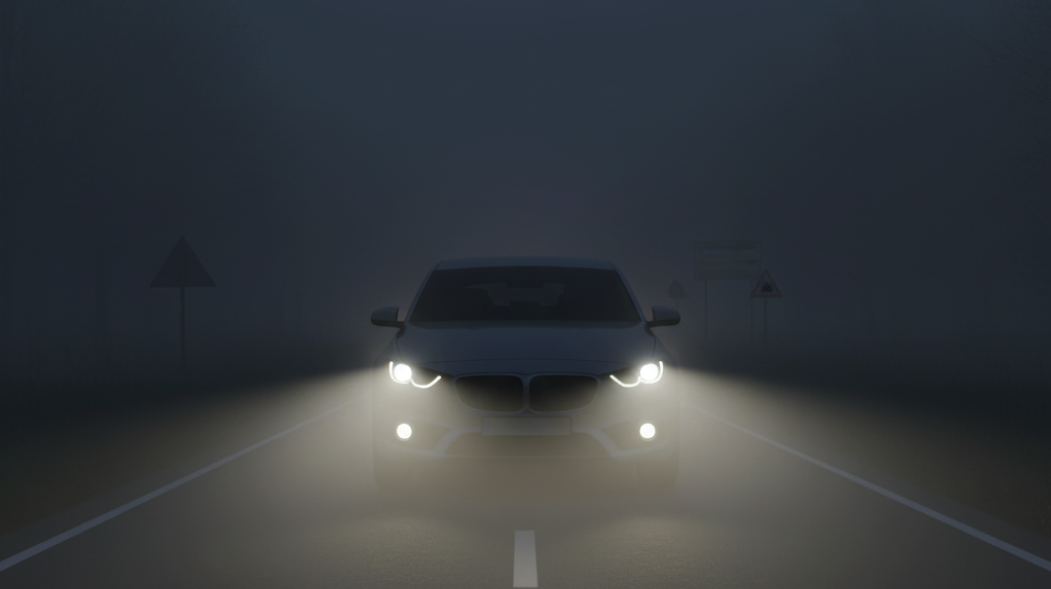 This is a clear and realistic illustration showing a car driving in a foggy night. The low beam headlights were turned off, but the fog lights were on, projecting short and wide beams close to the ground.