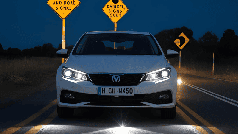 Checking the light of the headlights at night with the lights on