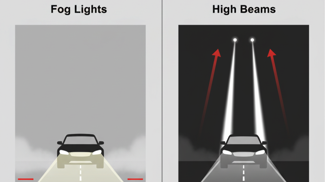 This is a simple infographic illustration comparing fog lights and high beams at night. On the left, the fog lamp projects a wide and flat beam, close to the ground, showing a short and wide coverage area. On the right is the high beam, which projects a narrow, intense and long-distance light, extending upwards and forward.