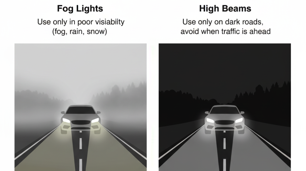 This is a simple infographic illustration that shows a safe driving guide for fog lights and high beams. On the left is a car turning on its fog lights in fog or rain. The light beam is short and wide, close to the ground, and is accompanied by a text label that reads, "Fog Lights - Only for use when visibility is poor (fog, rain, snow)." On the right is a car turning on its high beams on a dark and empty road. The beam is long and narrow, projected far ahead, and is accompanied by a text label that reads: "High beams - Use only on dark roads. Avoid using when there are vehicles ahead."