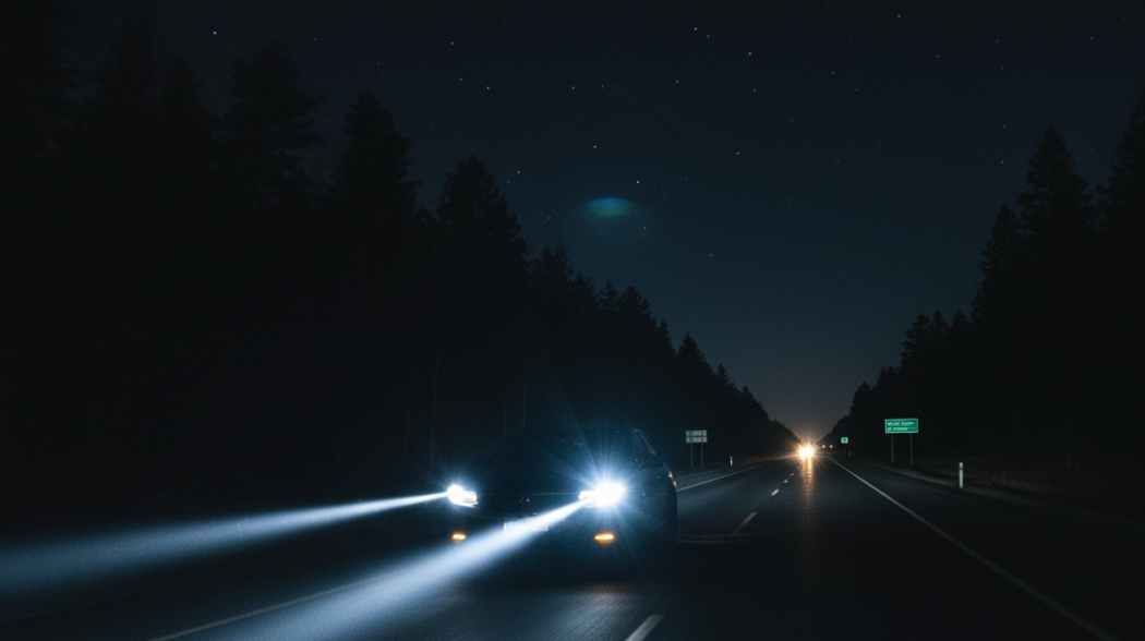 This is a night scene of driving. A car is turning on its high beams on a pitch-dark rural highway. The headlights project a strong, narrow beam of light, illuminating the open road from a distance and clearly showing the road signs and distant obstacles.