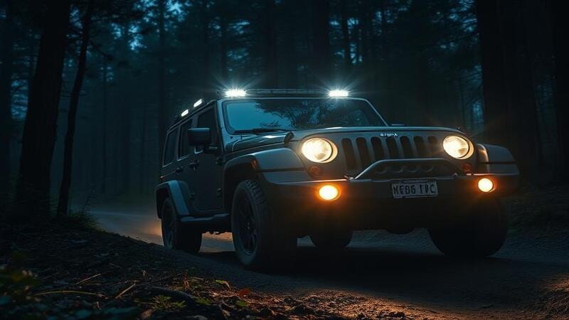 Off-road SUV with H4 LED headlights lighting forest trail.