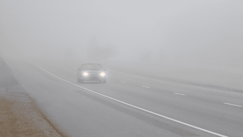 Vehicles driving with fog lights on in foggy weather
