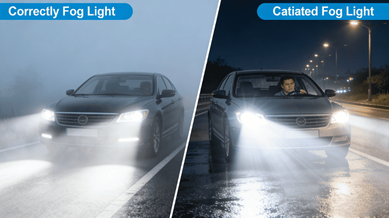 Comparison chart of incorrect and correct fog lamp usage