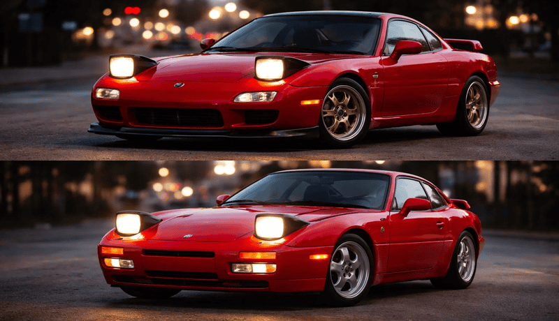 Classic pop-up headlights on 1990s sports car, headlight mechanism visible