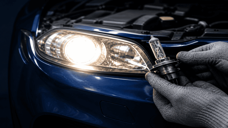Hand holding a halogen headlight bulb in front of a car headlight for bulb replacement
