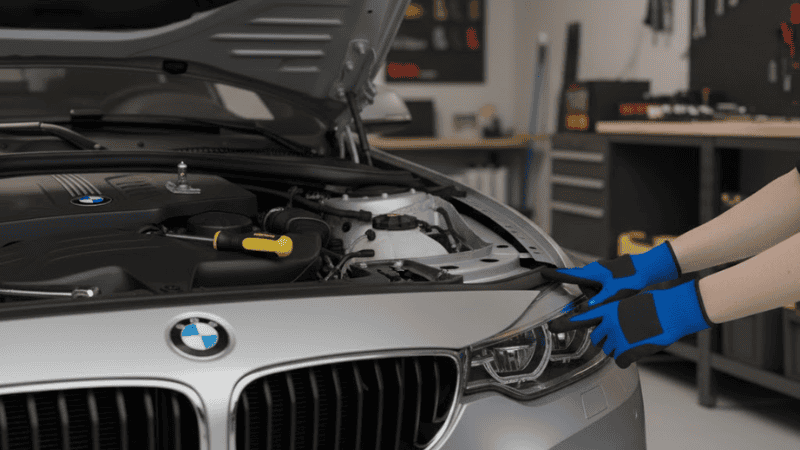 Mecánico con guantes azules accede al conjunto de faros de un BMW plateado con el capó abierto, demostrando el primer paso para reemplazar la bombilla del faro.