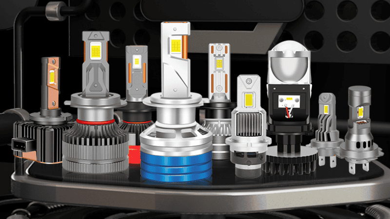 Display of different led car lamp bulbs