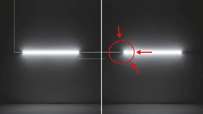 emi-realistic beam pattern comparison: correct LED projector cutoff vs misaligned glare beam, wall projection test, technical lighting accuracy, automotive safety focus.