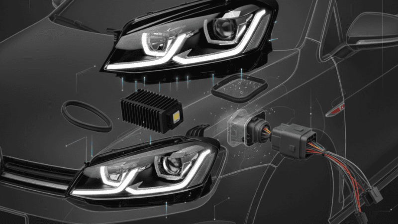 Semi-realistic exploded view of VW Golf 7.5 headlight installation, wiring connectors, sealing gasket, moisture protection focus, technical illustration style.