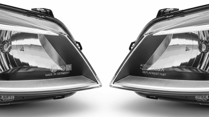 Semi-realistic close-up of OEM vs aftermarket VW Golf headlight housing, visible VW logo, part numbers vs generic branding, realistic plastic texture, technical comparison.