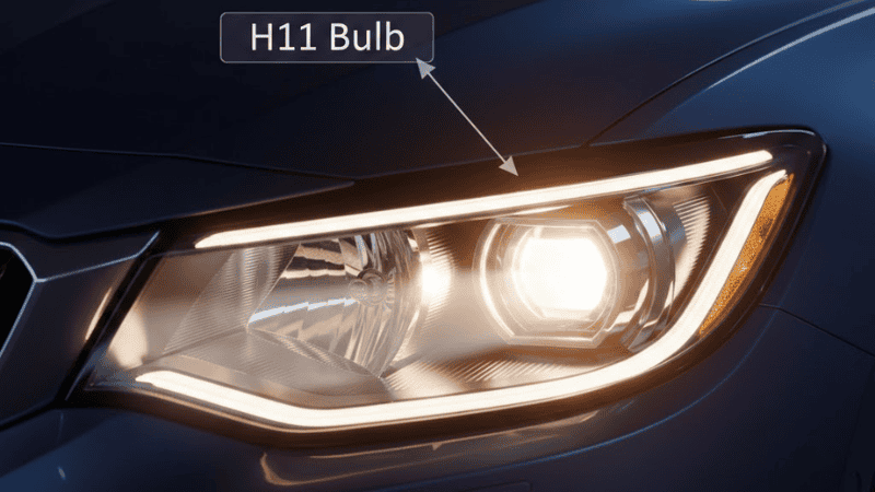 A high-resolution automotive lighting hero image showcasing a modern car headlight with an illuminated H11 bulb, glowing brightly in a dark environment. Include labels showing H11 bulb, subtle reflections on the car body, modern and clean style, realistic rendering, focus on bulb clarity, professional automotive photography style, warm yet technical lighting.