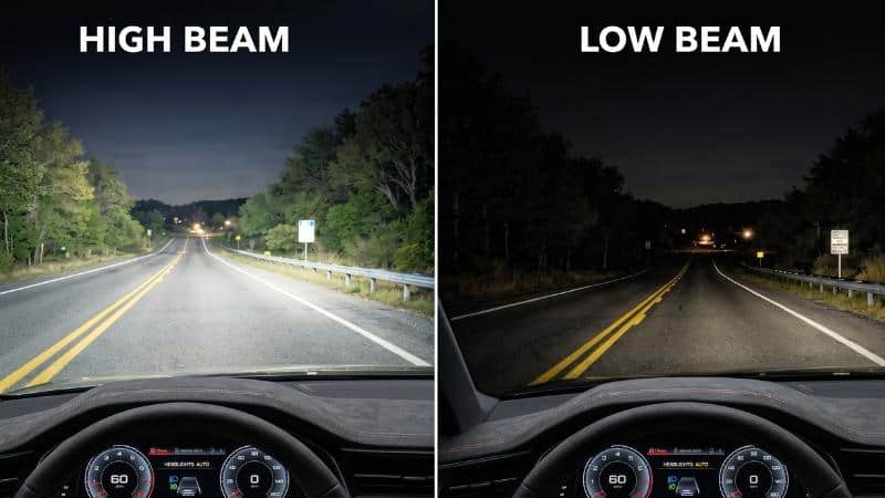 The comparison between illumination of high-beam vs low-beam