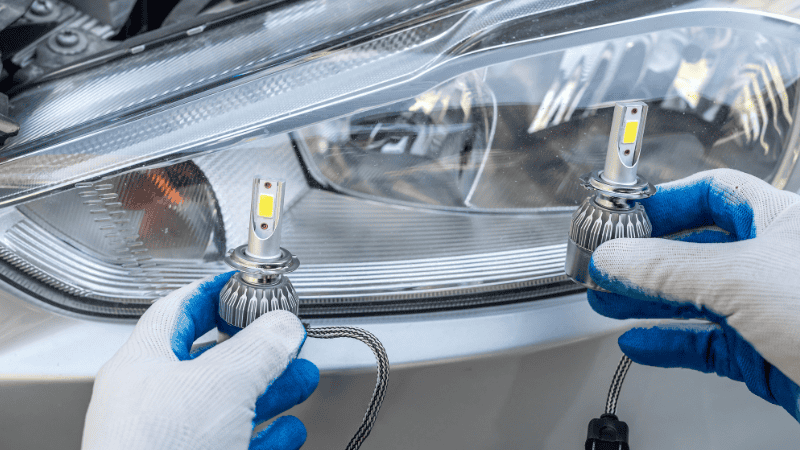 Installing replacement new modern halogen led car headlight bulb. 