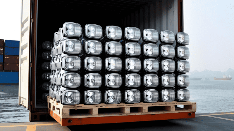 Chinese headlights loaded at the dock and ready to be shipped by ocean freight to foreign countries.