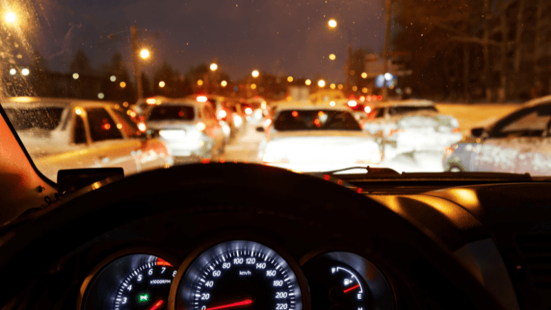 Drive on the road with heavy traffic at night