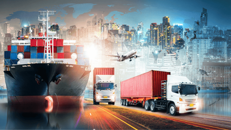 Three different types of transport: by sea, by air and by land.