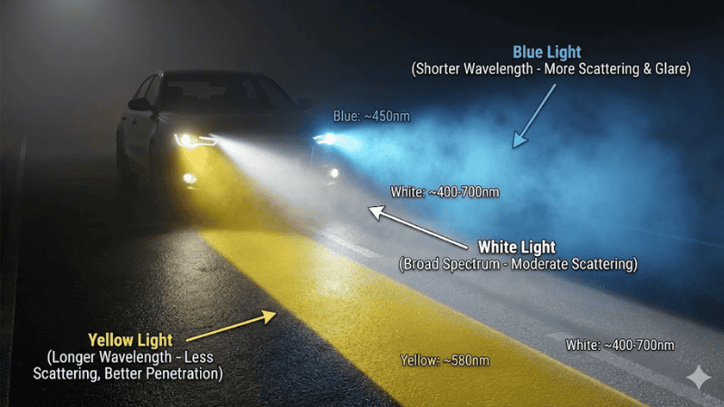 Visual demonstration of light scattering in fog, showing yellow beams penetrating better than blue or white beams.