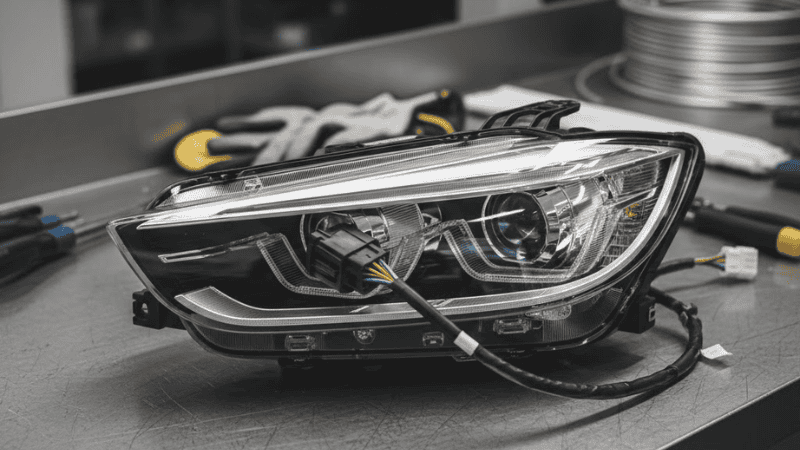Realistic workshop photo of BMW F32 aftermarket LED headlight assembly on workbench.
Visible factory-style connector plugged directly into headlight.
Clean wiring, no splicing, OEM-style connectors.
Mechanic environment, neutral colors, high detail.