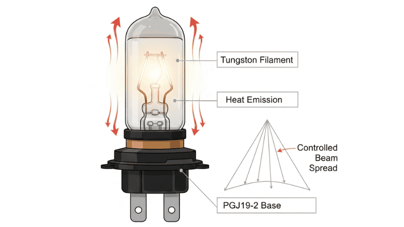 A clear technical illustration of an H11 halogen bulb, showing PGJ19-2 base, tungsten filament inside, wattage label 55W, beam pattern diagram with controlled spread, heat emission arrows, detailed connector design, realistic yet infographic style, automotive technical diagram, white background, labels in English.