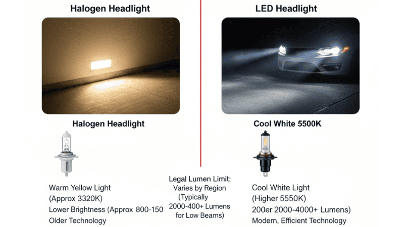 What is the legal lumen limit for headlights? Learn the difference between LED and Halogen brightness and find the brightest road-legal bulbs for your car here.