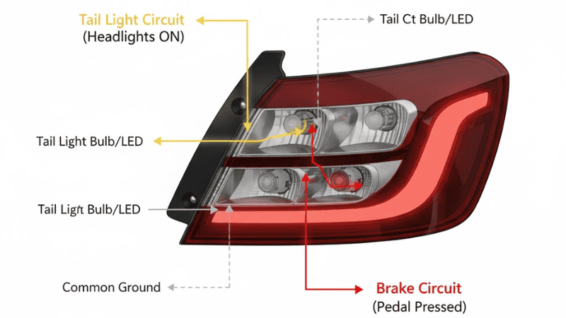 Technical automotive lighting diagram.
Rear light assembly shown in cutaway view.
Tail light circuit highlighted in soft yellow (headlights ON).
Brake light circuit highlighted in red (brake pedal pressed).
Separate wiring paths clearly labeled.
Simple arrows showing current flow.
Clean white background, instructional diagram style, easy to understand.