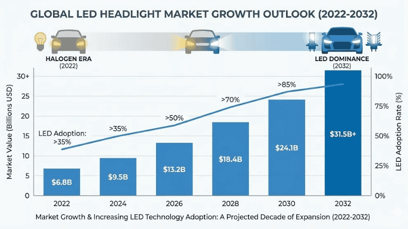 A professional business infographic charting the projected rise in global LED headlight market value between 2022 and 2032, alongside visual indicators of the increasing shift from halogen to LED vehicle lighting.