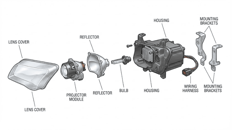 Schéma technique des pièces d'un bloc optique de phare automobile&nbsp;: vue éclatée comprenant le module projecteur, le réflecteur et le faisceau de câbles pour le manuel d'entretien automobile.