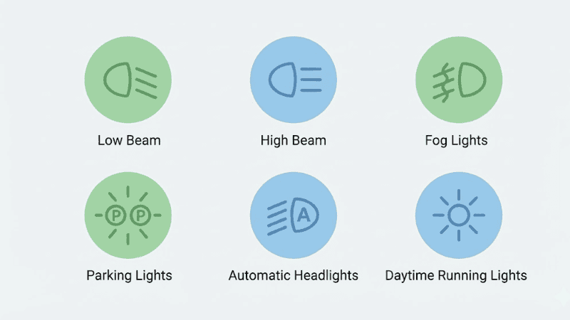 Illustrazione guida con simboli dei fari delle auto puliti e moderni, sfondo grigio chiaro o bianco, icone piatte e minimaliste sul cruscotto per anabbaglianti, abbaglianti, fendinebbia, luci di parcheggio, fari automatici, luci diurne, colori delle icone tenui verde e blu, layout semplice con etichette e molto spazio bianco, stile del manuale di istruzioni simile alle moderne guide per l'utente delle auto, luminoso, chiaro, amichevole, non scuro, alta leggibilità, nessun effetto luminoso, nessuna scena notturna, risoluzione 4K