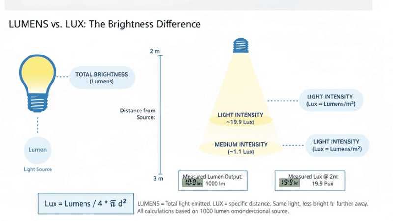 Create a technical infographic showing the relationship between a light source's total brightness (Lumens) and its illumination intensity (Lux) at different distances. On the left, show a realistic LED bulb labeled "Total Brightness: 1000 Lumens". On the right, display a conical light beam with a smooth gradient from bright at the source to dim at distance. Add markers for multiple distances, e.g., 2m ≈ 19.9 Lux, 3m ≈ 8.85 Lux, calculated using the inverse square law. Include arrows or labels showing decreasing Lux with distance. Overlay the formula: Lux = Lumens / (4π × distance²) prominently. Style should combine clarity of a scientific diagram and visual appeal of a modern infographic, with white background, readable fonts, subtle 3D lighting, and clear distinction between Lumens (source) and Lux (illumination on surfaces). Make it visually engaging for technical readers, avoiding misleading fixed intensity labels inside the cone.
