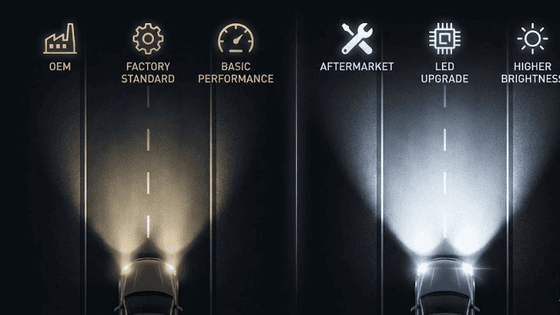 A split comparison infographic showing top-down road illumination. The left side, labeled "OEM" and "factory standard," displays a yellowish halogen beam with shorter distance. The right side, labeled "Aftermarket" and "LED upgrade," shows a bright white LED beam with longer and wider coverage on a dark road.