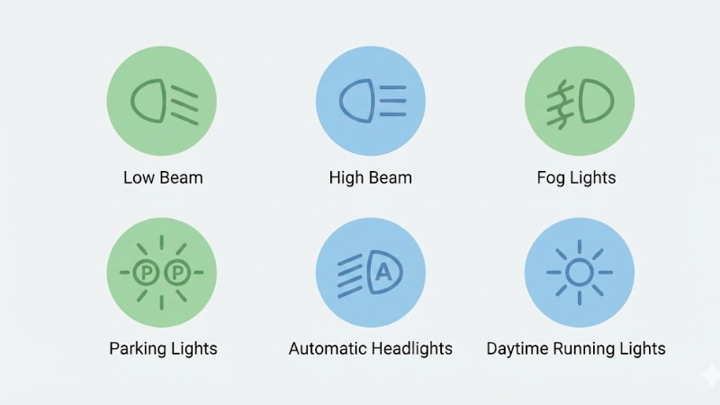 Clean and modern car headlight symbols guide illustration,
light gray or white background,
flat minimalist dashboard icons for low beam, high beam, fog lights, parking lights, automatic headlights, daytime running lights,
soft green and blue icon colors,
simple labeled layout with plenty of white space,
instruction manual style similar to modern car owner’s guides,
bright, clear, friendly, non-dark,
high readability, no glow effects, no night scene,
4K resolution