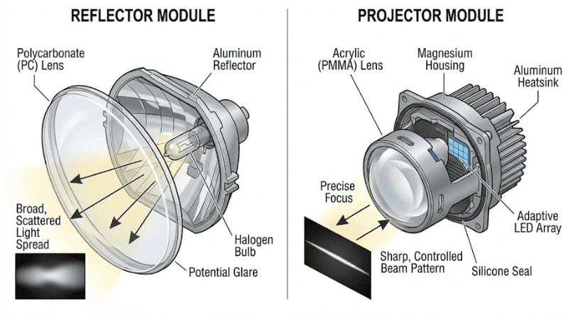 Comparison of headlight reflector vs. projector lens modules showing broad light spread versus sharp controlled beam patterns for better road safety.