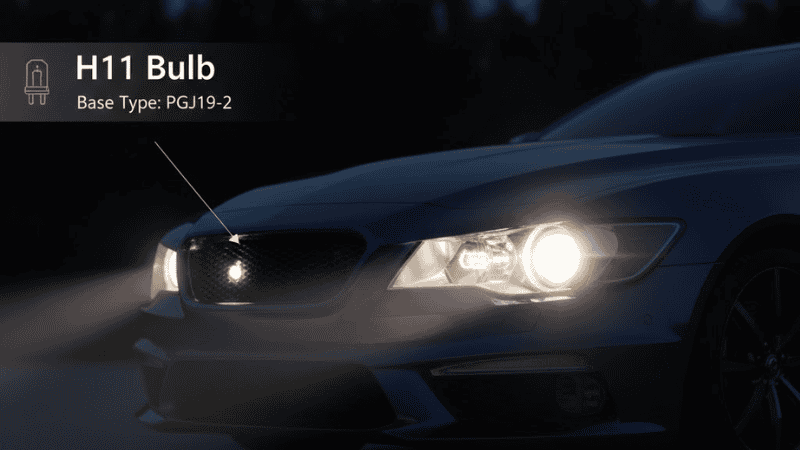 A dramatic close-up of a modern car headlight illuminated at night, featuring a glowing H11 halogen bulb clearly visible inside the headlight housing. Emphasize realistic reflections on the car body, warm white light beam cutting through darkness, subtle lens flare for dynamic effect. Include a faint technical overlay showing H11 bulb label and base type PGJ19-2. Professional automotive photography style, high-resolution, cinematic lighting, sharp focus on bulb, visually striking and eye-catching.