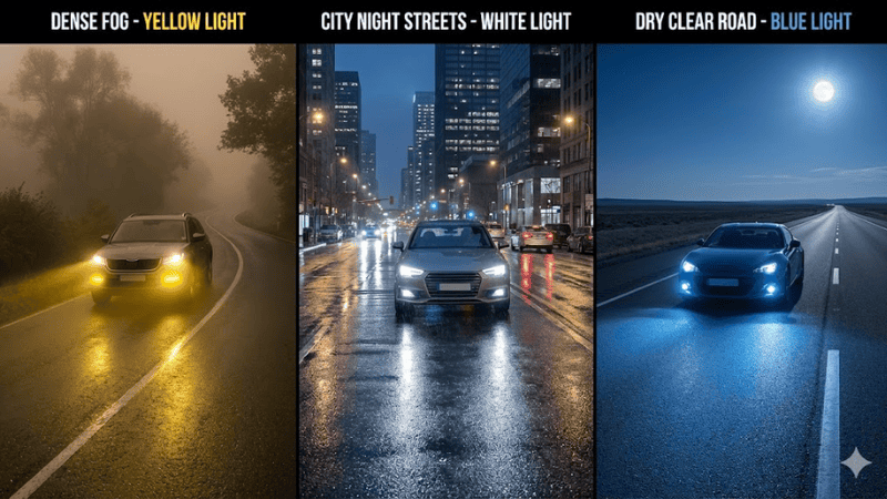 Realistic illustration comparing the performance of yellow, white, and blue vehicle lights across different weather and road conditions.