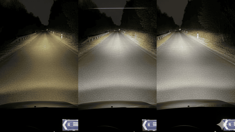 Road illumination comparison at night from driver's perspective.
Left: halogen beam dim and yellow.
Center: xenon beam brighter with cutoff.
Right: LED beam sharp, white, uniform.
Realistic beam patterns, no overexposure.