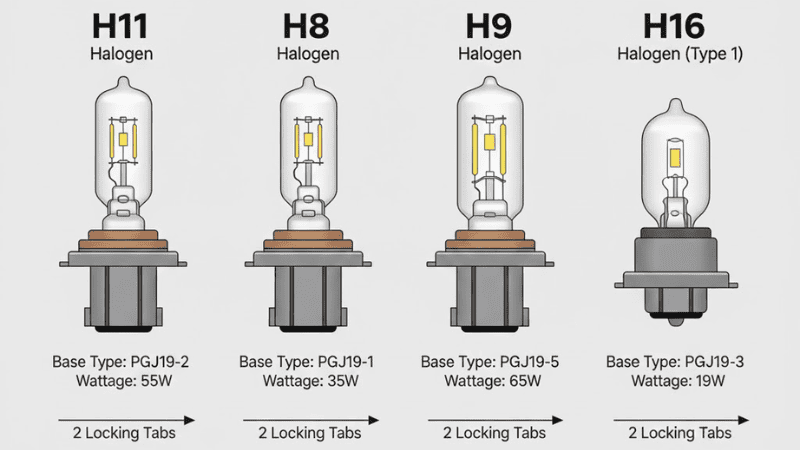 A side-by-side comparison of H11, H8, H9, and H16 halogen bulbs, each labeled, showing base type, locking tabs, wattage (55W for H11/H8, 65W for H9), filament structure, compact arrangement on a neutral background, realistic rendering, infographic style, visually highlighting differences and compatibility notes.