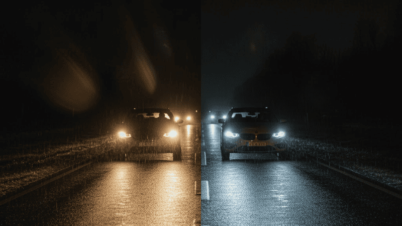 Split-view night road scene showing beam patterns:

Left: poorly focused halogen headlight ~1000 lm, beam scattered upward, glare affecting oncoming cars.

Right: properly focused LED headlight ~3600–4000 lm, sharp cutoff line, road illuminated evenly, no glare.

Semi-realistic automotive night visualization, realistic asphalt and lane markings, engineering-accurate light projection, labeled with lumen values.