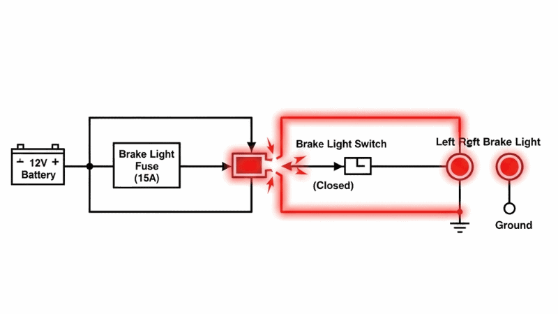 Simplified automotive electrical schematic.
Battery → Fuse → Brake light switch → Brake lights.
Brake light fuse clearly highlighted in red.
Arrows showing current flow.
Fuse shown melting and breaking circuit under overcurrent.
Engineering-style diagram, technically accurate, beginner-friendly.