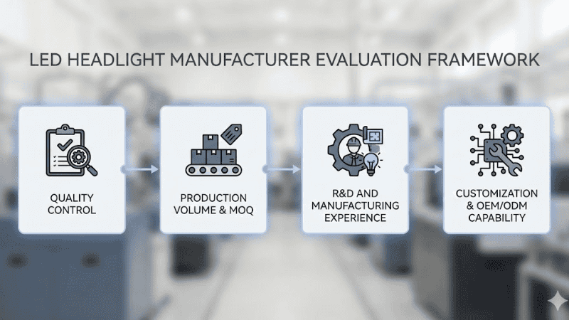 A professional decision-making visual outlining a four-pillar framework for evaluating potential LED headlight suppliers, covering criteria for quality, production capacity, technical experience, and customization capabilities.