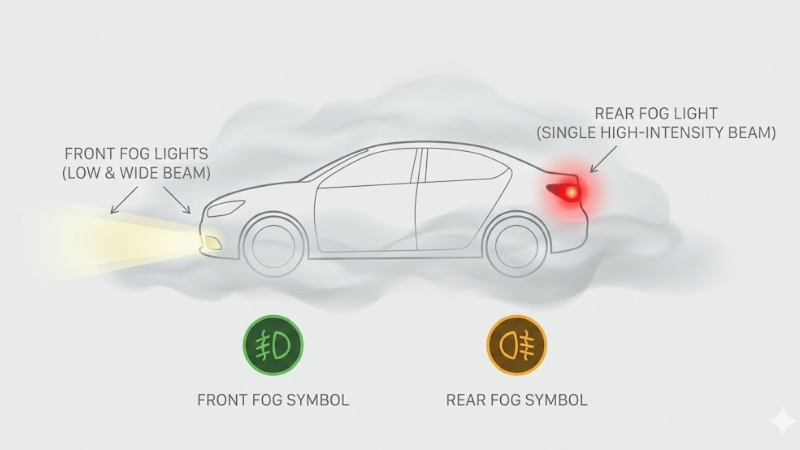Clean fog light explanation diagram,
light gray background,
simple car outline in light fog environment,
front fog lights shown low and wide, rear fog light highlighted,
flat fog light dashboard symbols with wavy lines,
soft neutral colors, no dramatic lighting,
educational car manual illustration style,
clear labels and minimal elements,
bright, clean, 4K resolution