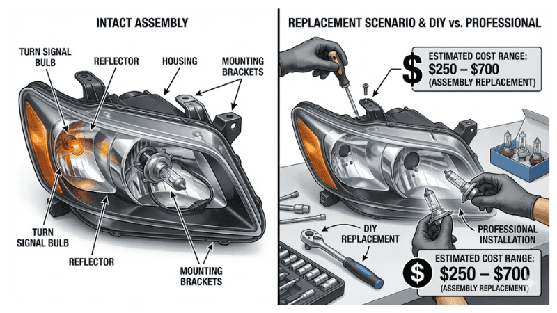 Technical diagram of an automotive headlight assembly displaying labeled parts and a DIY replacement scenario.