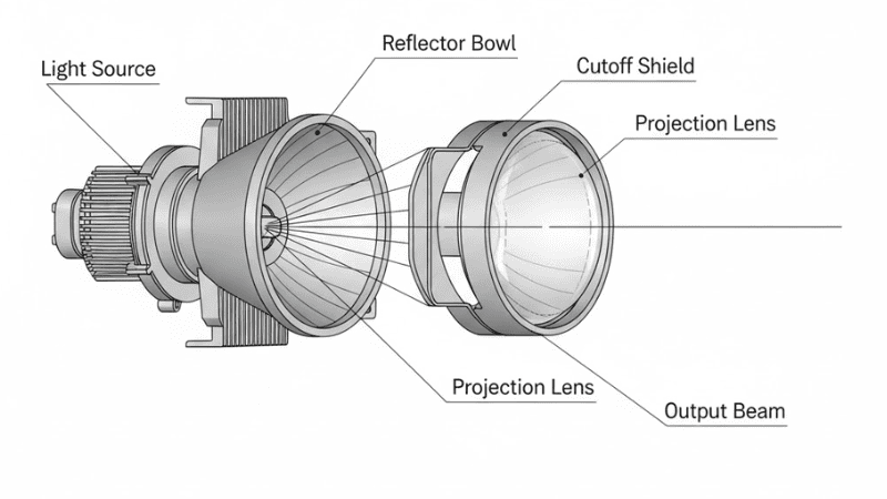 This is a cross-sectional view of the headlight of a high-precision automotive projector, featuring all detailed specifications and German industrial design aesthetics.
