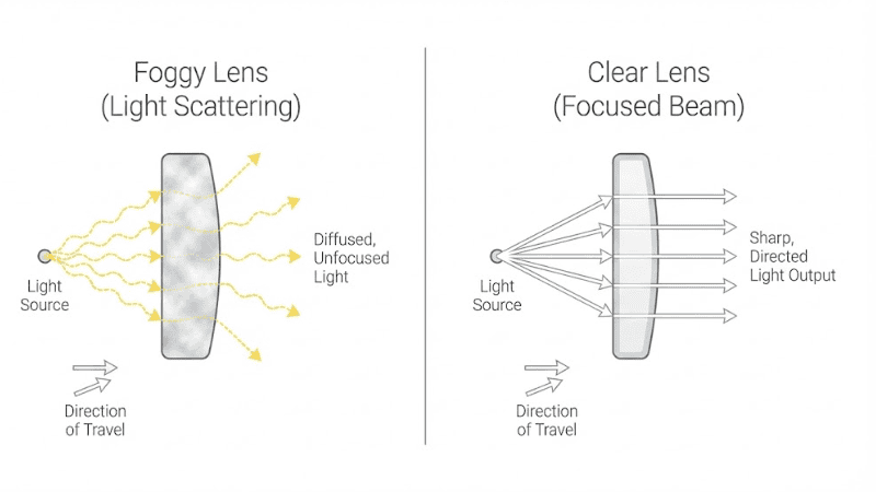 Comparaison de la clarté des lentilles de phares de voiture&nbsp;: lentille oxydée et embuée contre lentille en polycarbonate propre avec faisceau lumineux net.