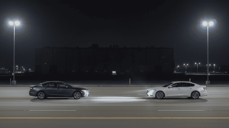 سيارتان سيدان تسيران باتجاه بعضهما البعض على طريق حضري مضاء جيداً ليلاً، حيث تضيء المصابيح الأمامية المنخفضة لإحدى السيارتين الرصيف بوضوح.