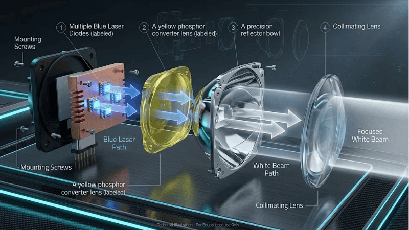 Internal Structure of a Laser Headlight: Unlike traditional LEDs, the system uses Blue Laser Diodes to excite a Yellow Phosphor lens. This reaction generates a white light that is 1000 times more intense than a standard LED. The light is then carefully distributed via a Precision Reflector Bowl to create the ultra-long-range beam.