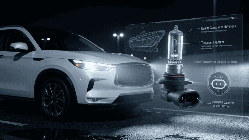 Automotive lighting infographic: white SUV at night with labeled H11 halogen headlight bulb components and technical diagram.